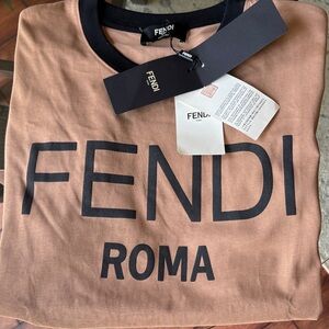 NWTD Men's Brown 'FENDI ROMA' Logo Tee with Black Trim, L, defective